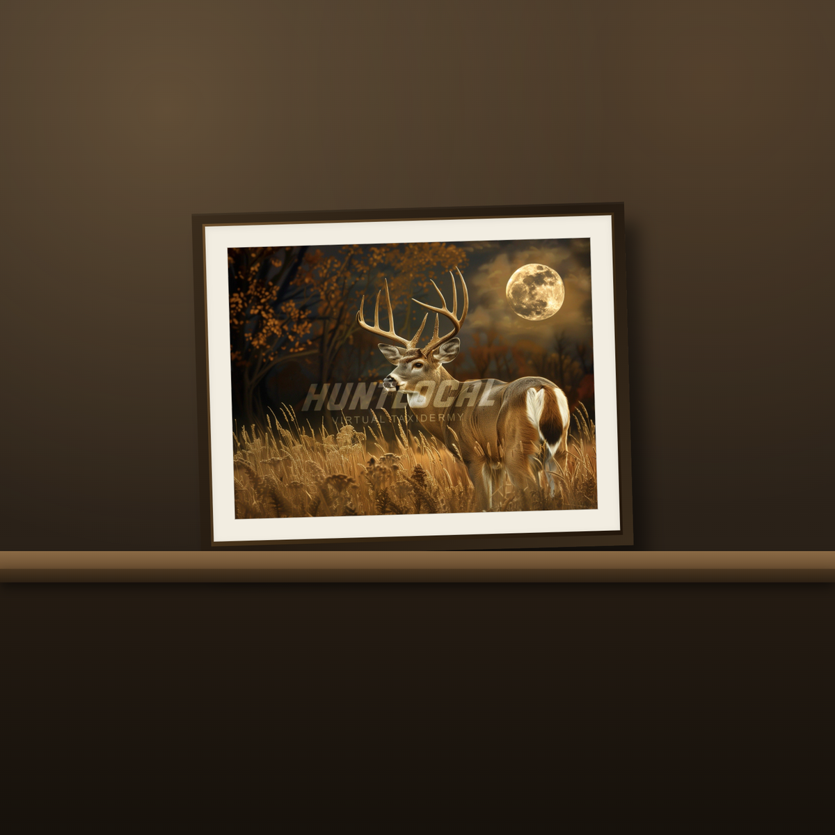 Scene 06 whitetail custom art print resting on a wood mantel