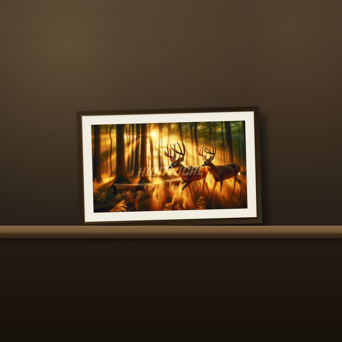 Scene 45 two whitetails custom art print resting on a wood mantel