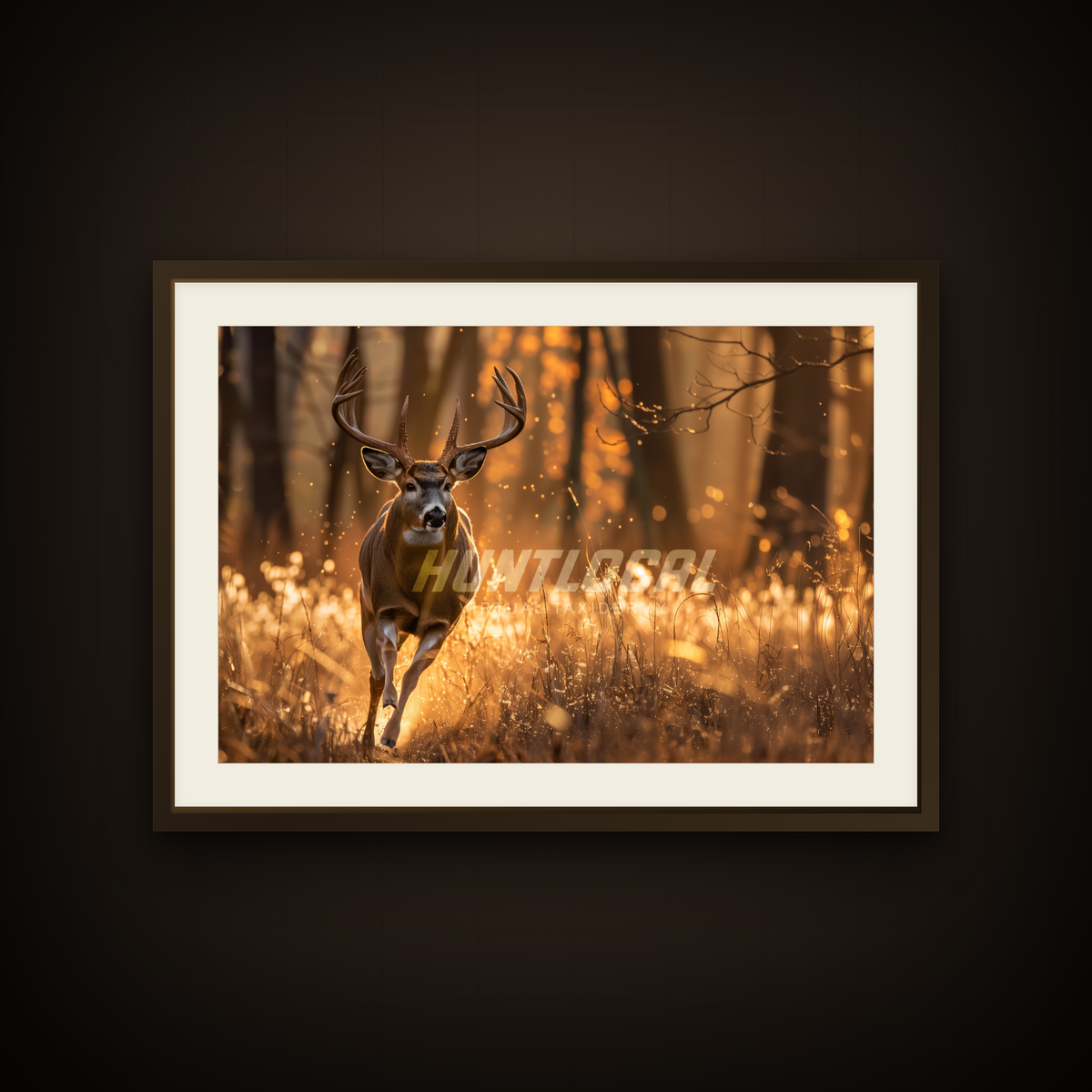 Scene 01 whitetail custom art shown as a framed print on a wall — buck running through sunlit timber
