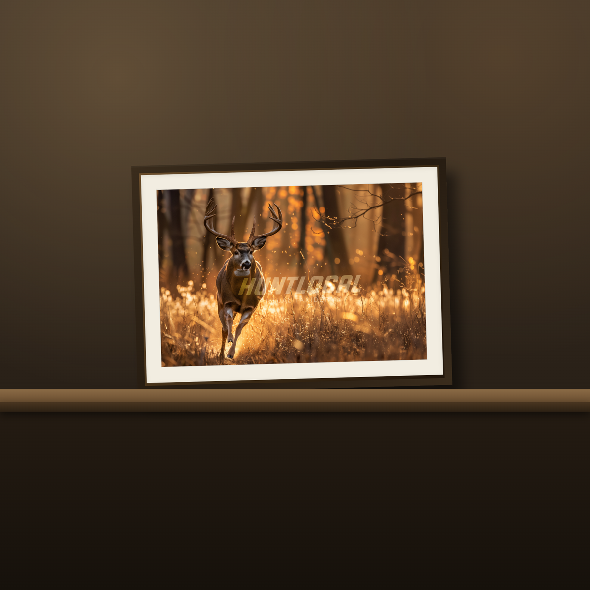 Scene 01 whitetail custom art print resting on a wood mantel