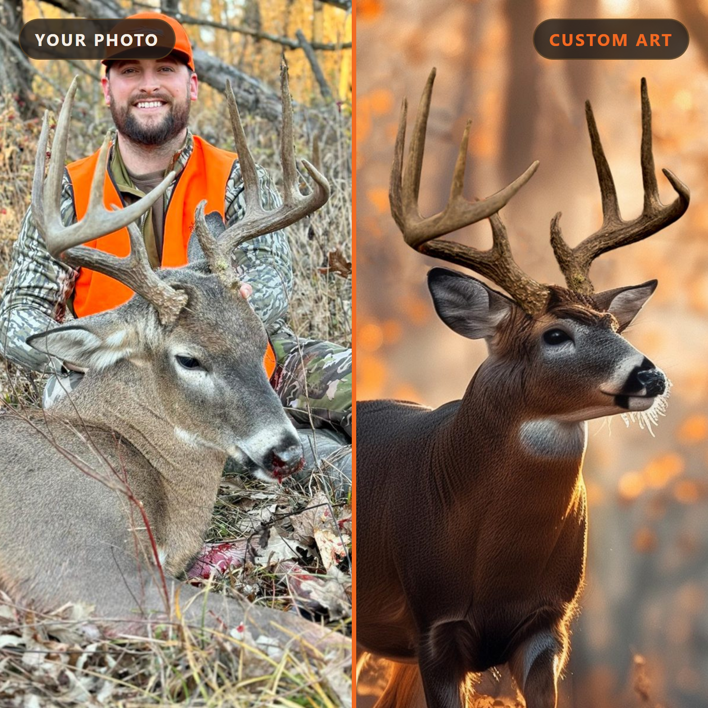 Before and after: a hunter's field photo of his buck beside the same buck as Hunt Local custom art