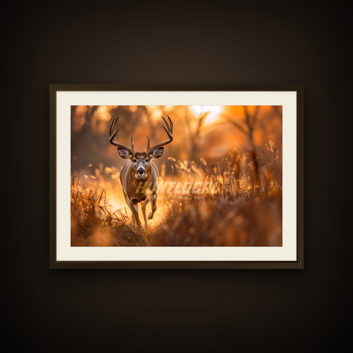 Scene 16 whitetail custom art shown as a framed print on a wall — buck running through a sunlit golden field