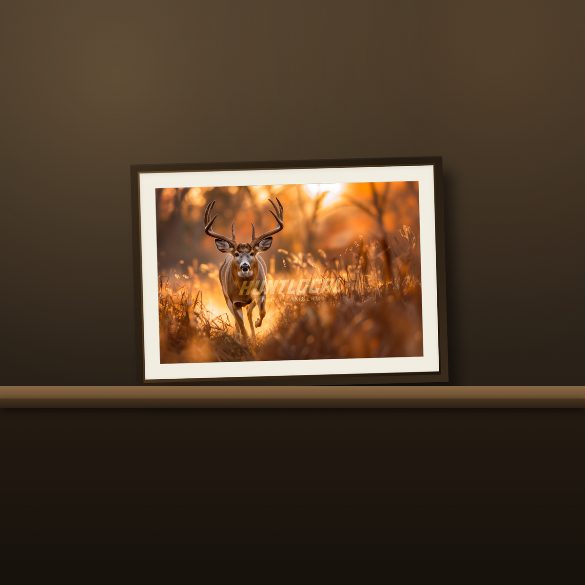 Scene 16 whitetail custom art print resting on a wood mantel