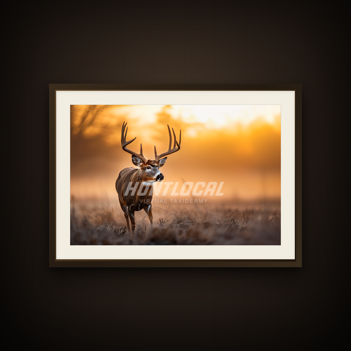 Scene 02 whitetail custom art shown as a framed print on a wall — buck in a frosted field at sunrise
