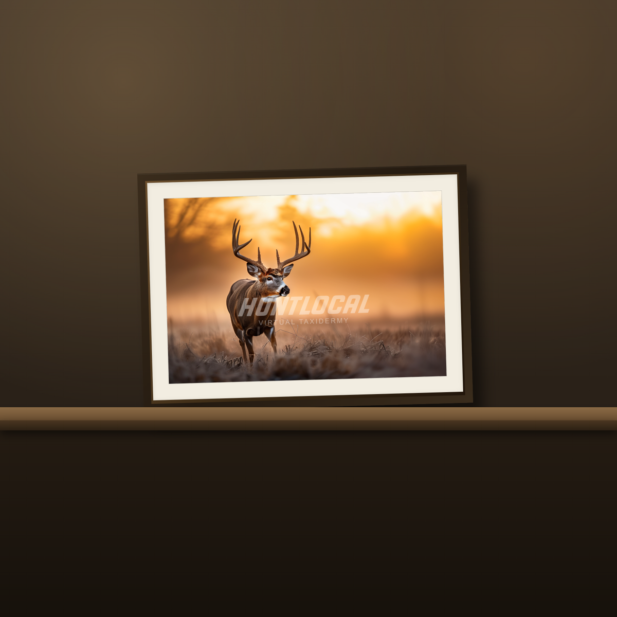 Scene 02 whitetail custom art print resting on a wood mantel