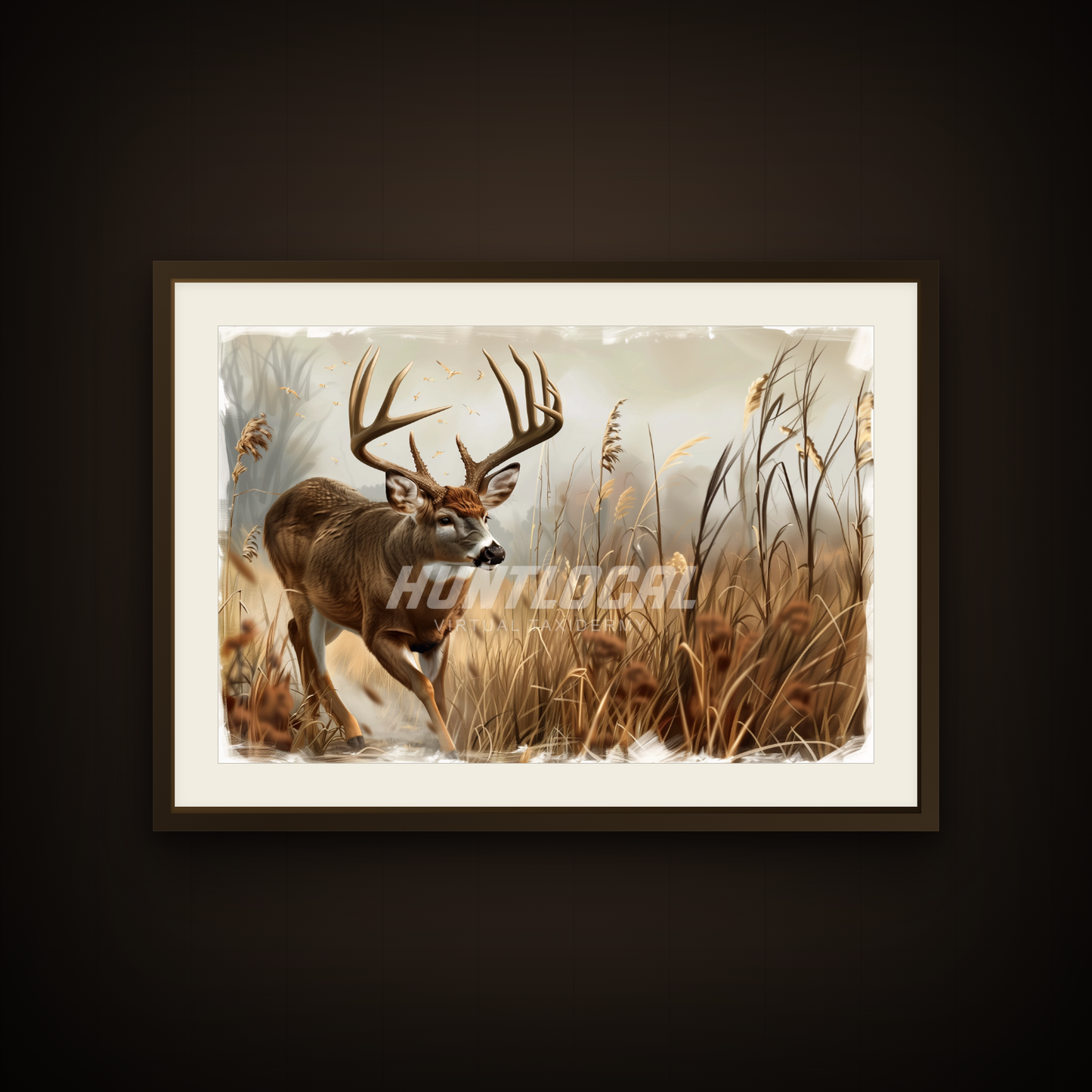 Scene 05 whitetail custom art shown as a framed print on a wall — buck standing in tall marsh grass