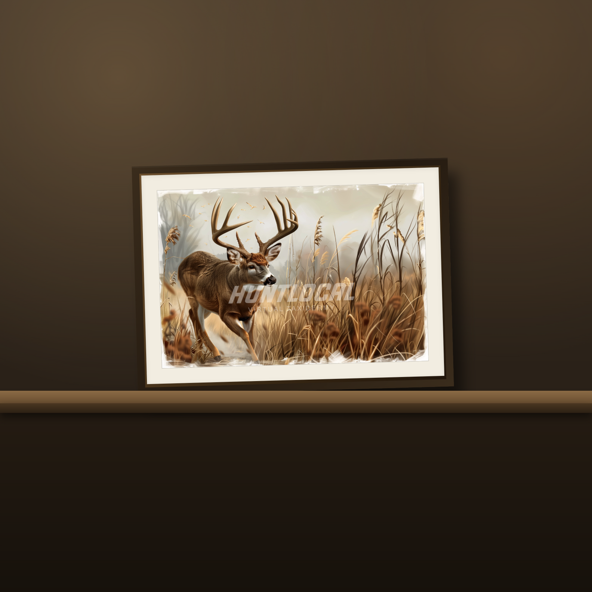 Scene 05 whitetail custom art print resting on a wood mantel