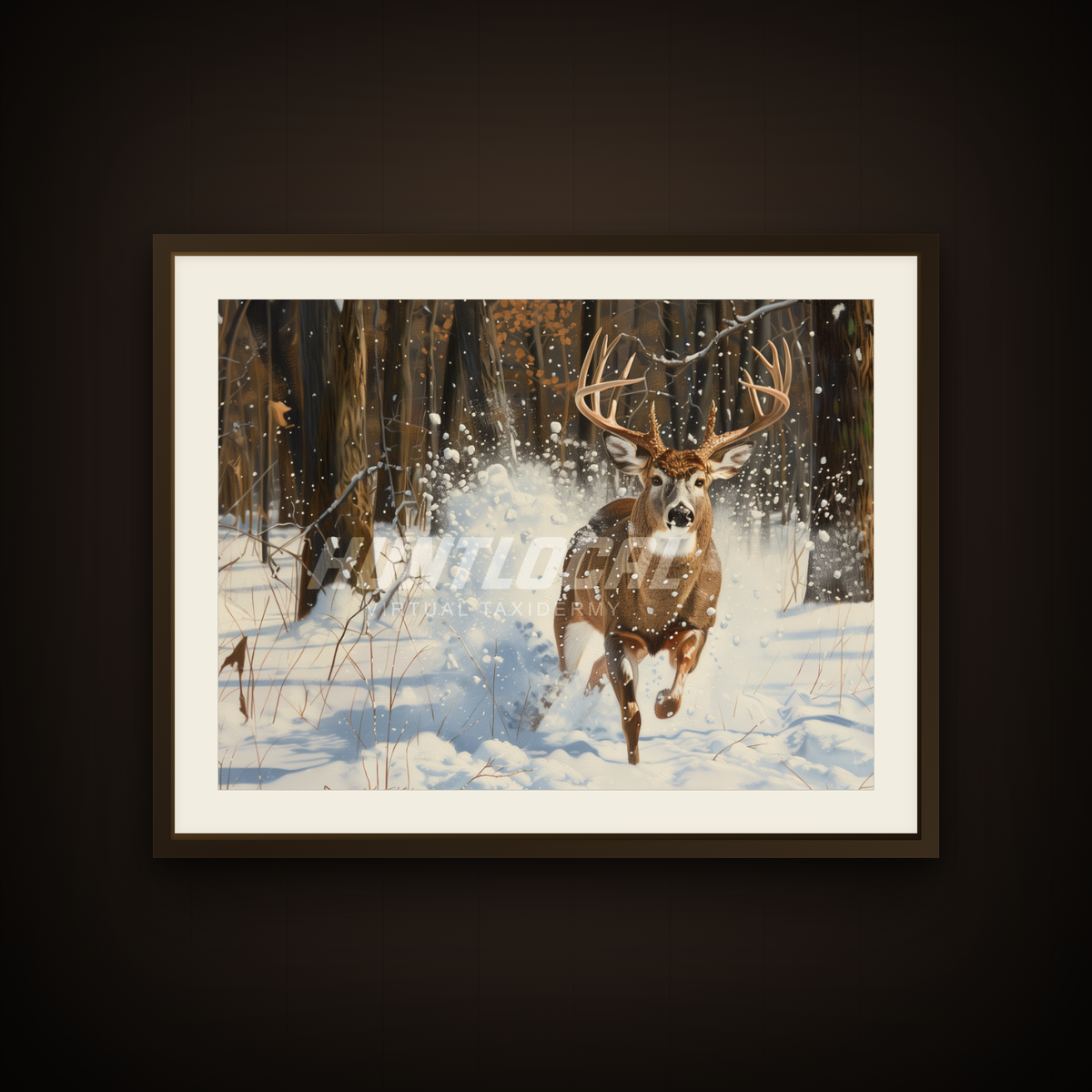 Scene 03 whitetail custom art shown as a framed print on a wall — buck running through falling snow