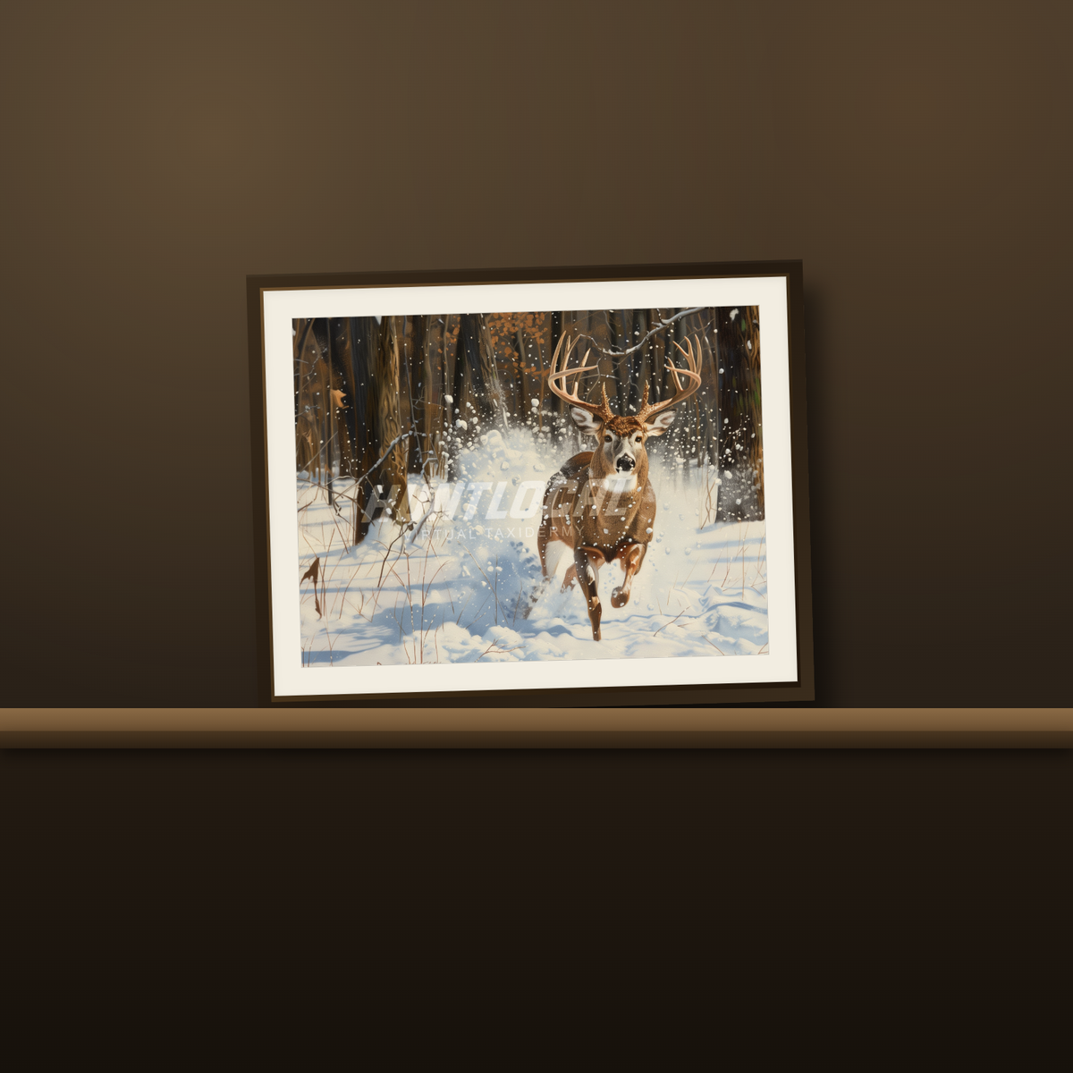 Scene 03 whitetail custom art print resting on a wood mantel