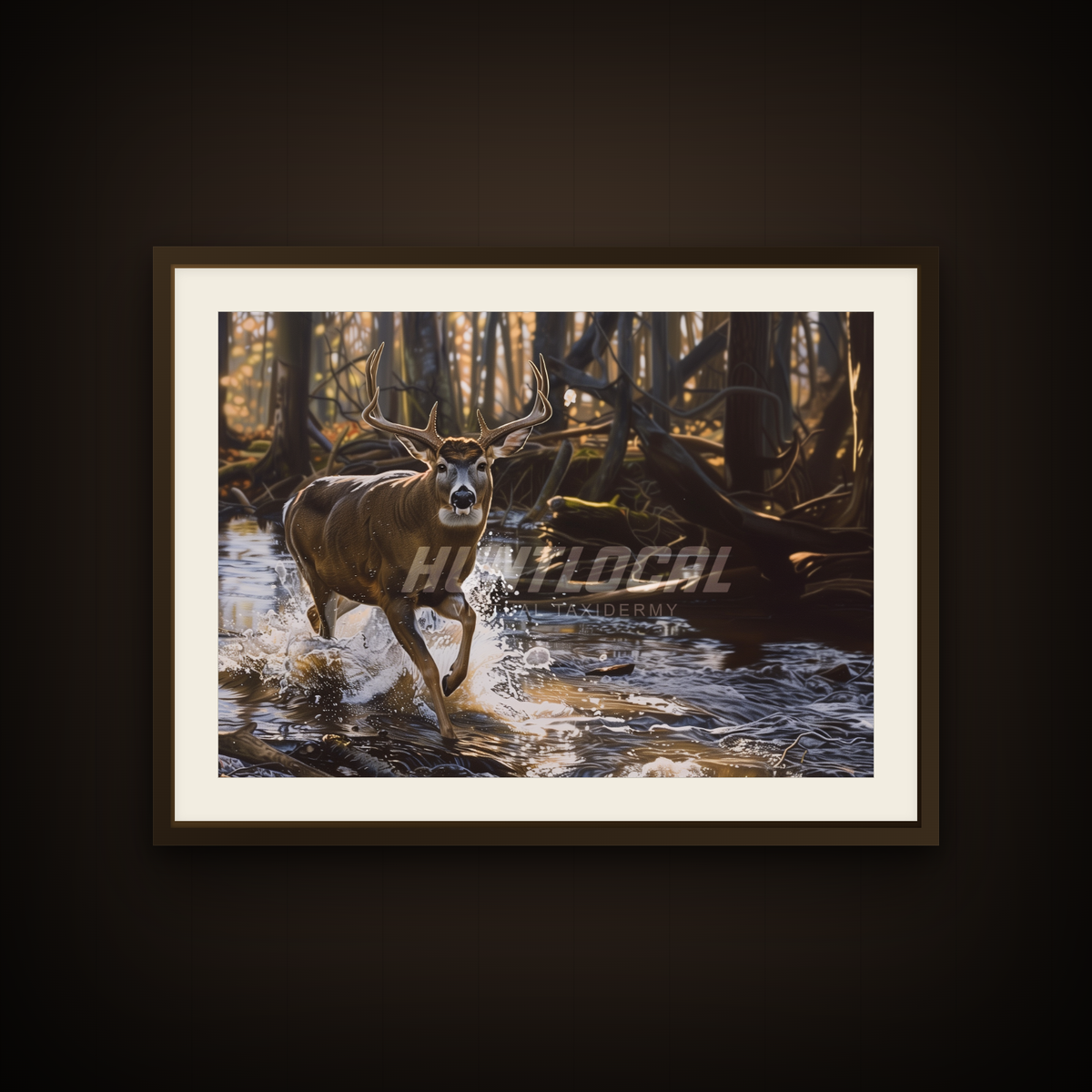 Scene 25 whitetail custom art shown as a framed print on a wall — buck crossing a forest creek