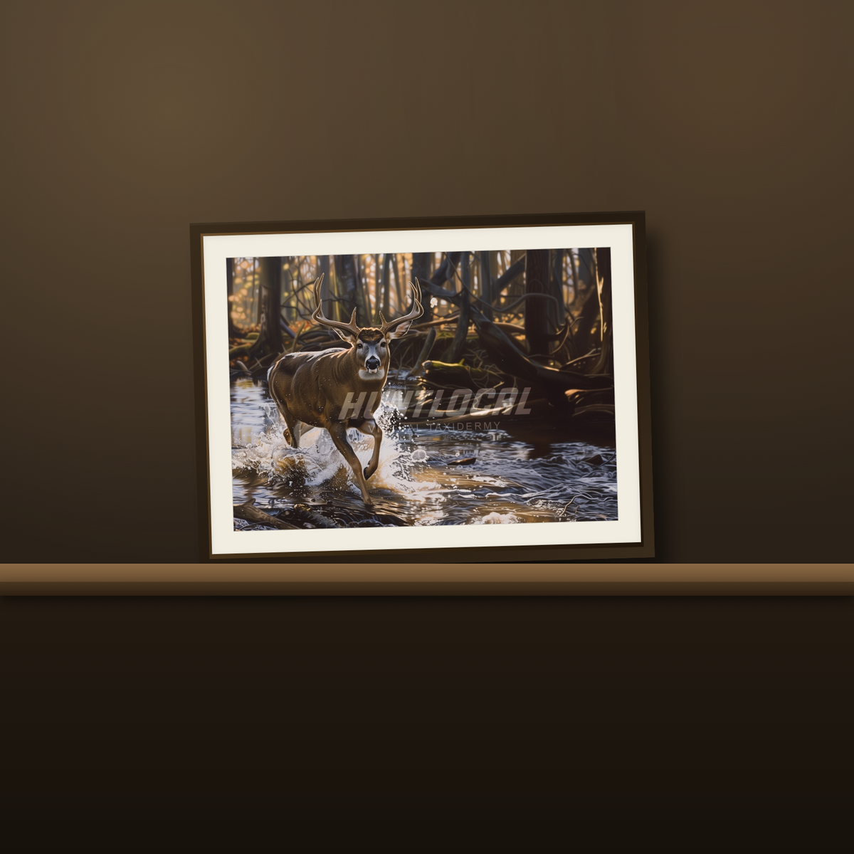 Scene 25 whitetail custom art print resting on a wood mantel