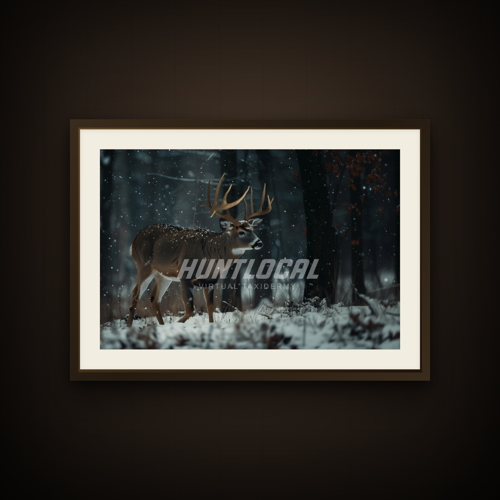 Scene 24 whitetail custom art shown as a framed print on a wall — buck in a snowy winter forest