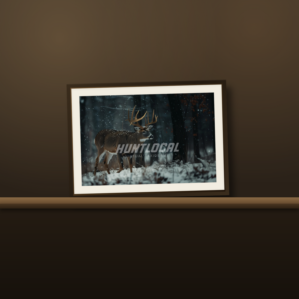 Scene 24 whitetail custom art print resting on a wood mantel