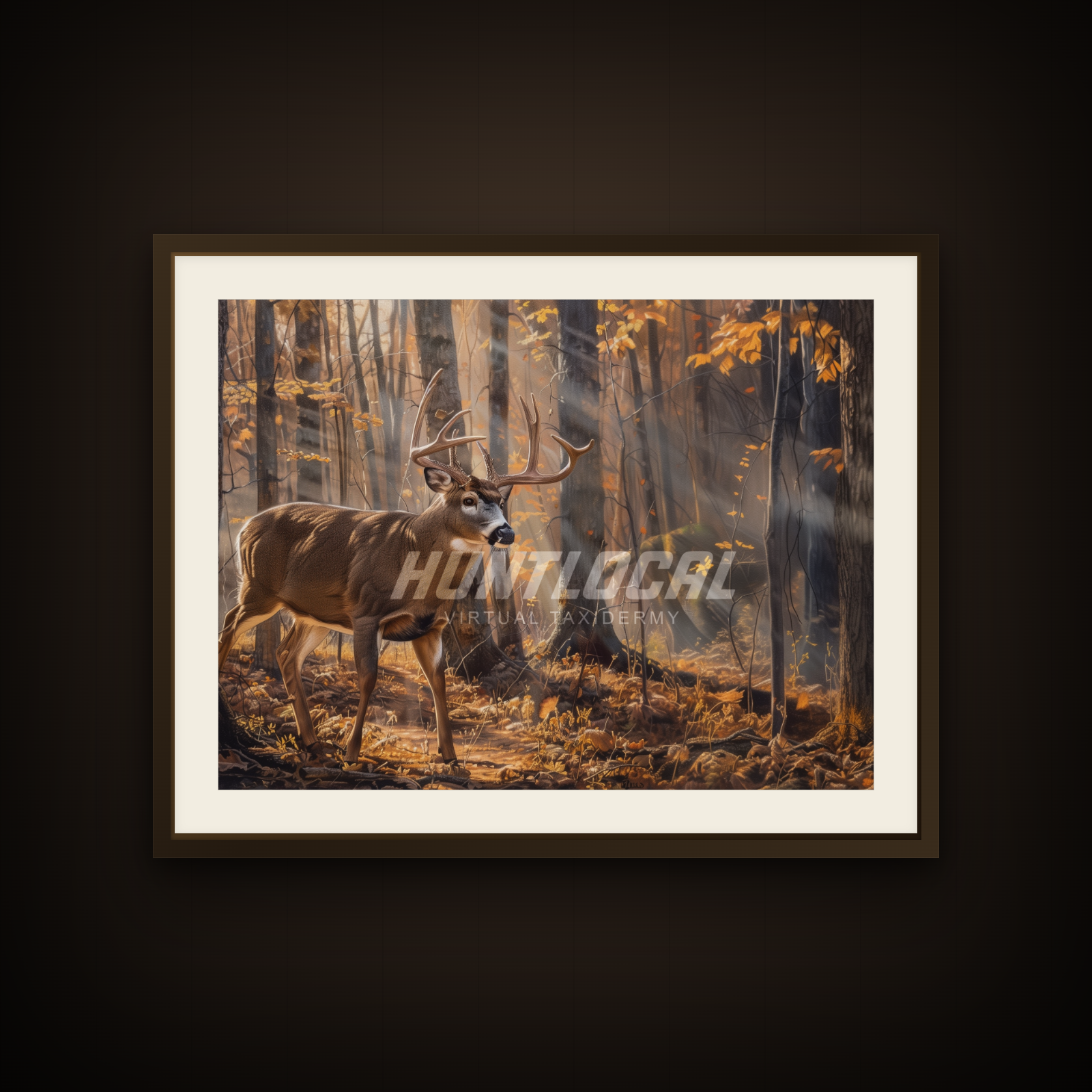 Scene 09 whitetail custom art shown as a framed print on a wall — buck walking through sunlit autumn woods