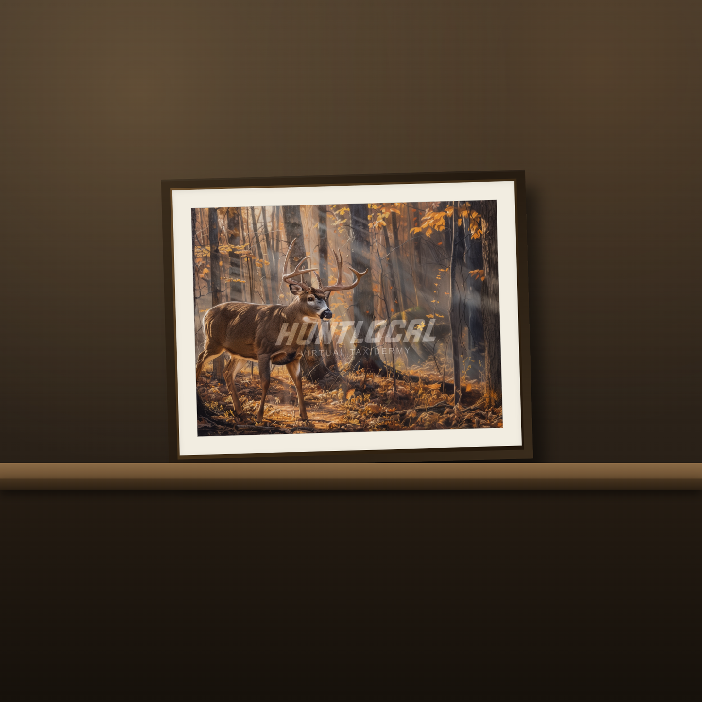 Scene 09 whitetail custom art print resting on a wood mantel