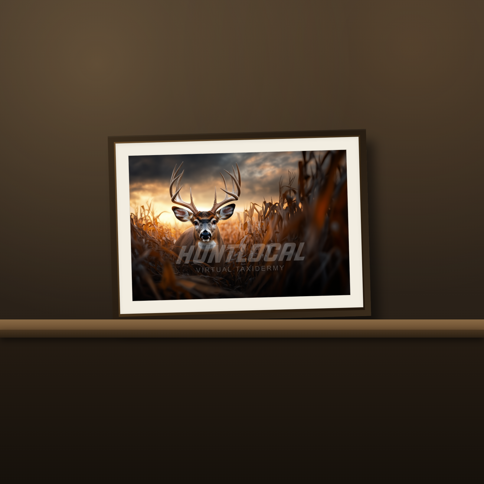 Scene 15 whitetail custom art print resting on a wood mantel