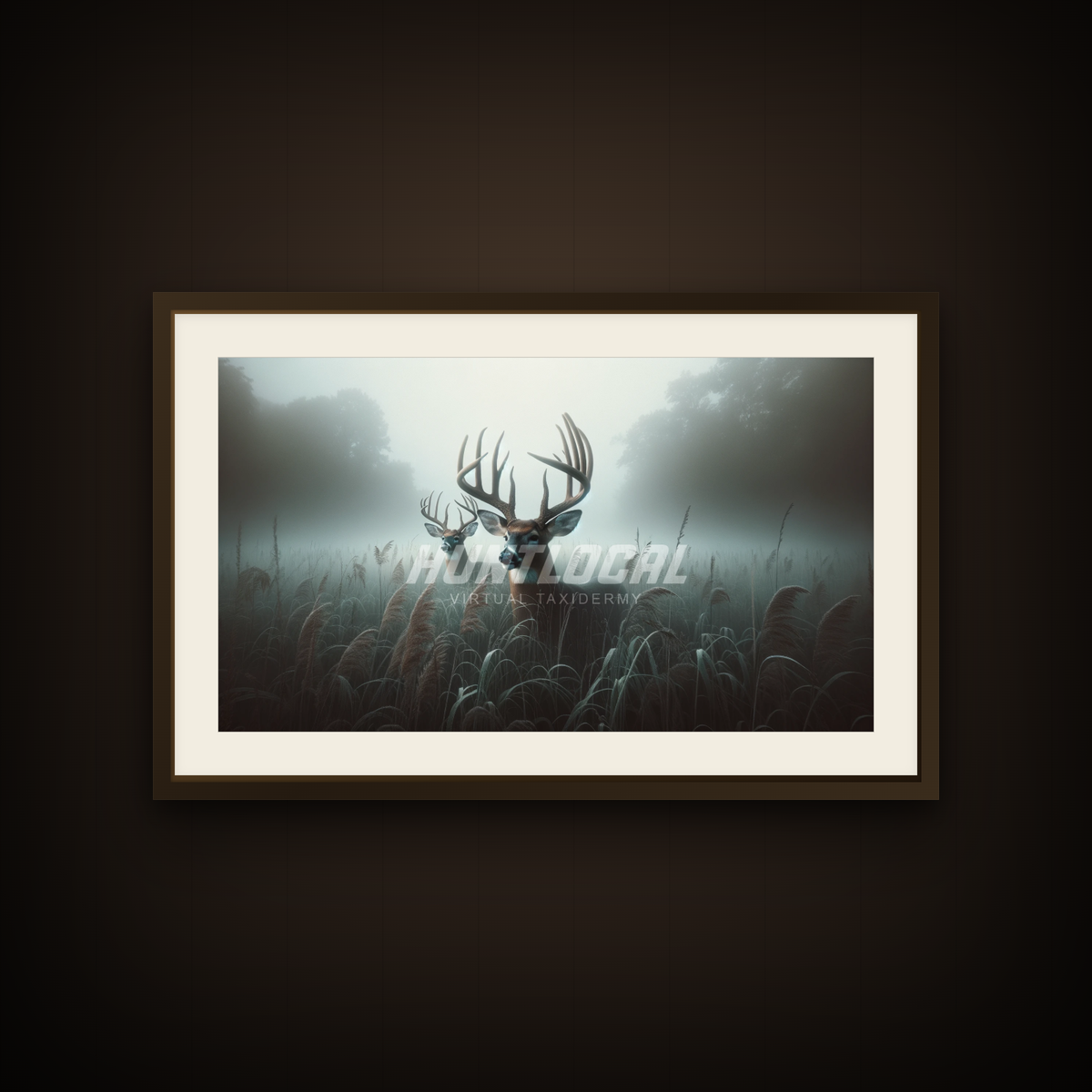Scene 30 two whitetails custom art shown as a framed print on a wall — two bucks in dense morning fog
