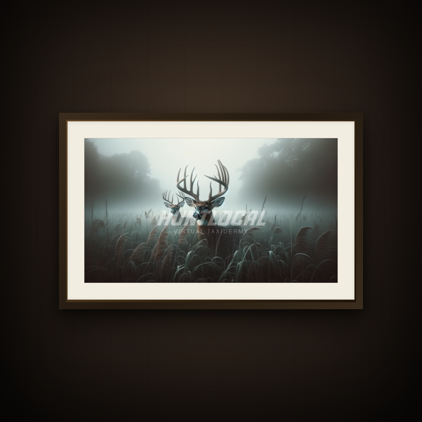 Scene 30 two whitetails custom art shown as a framed print on a wall — two bucks in dense morning fog