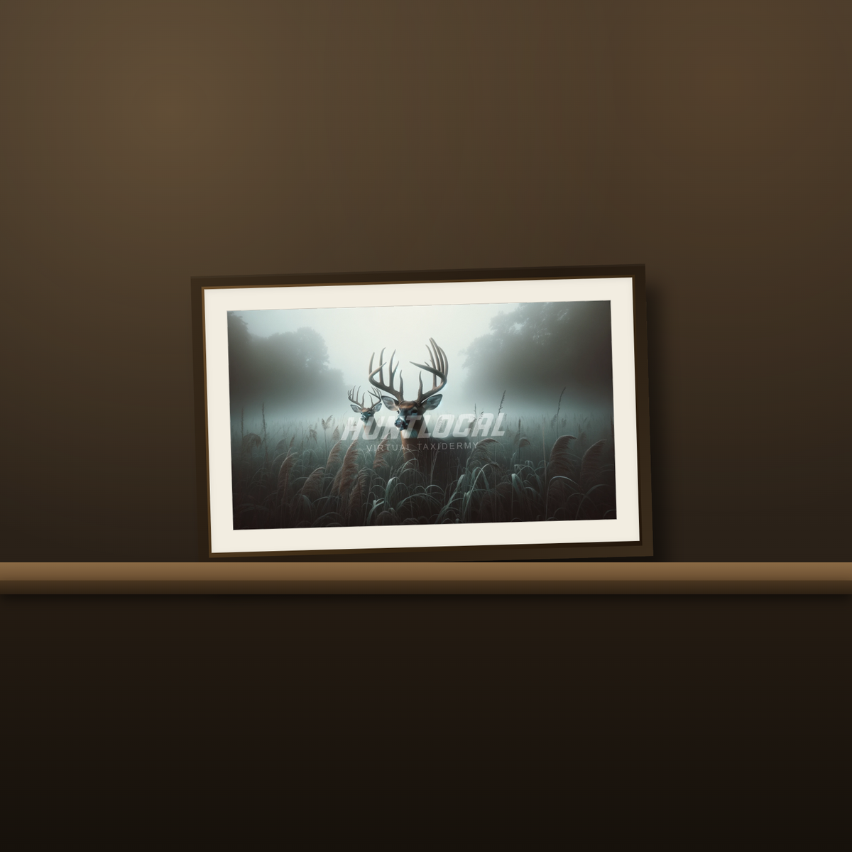 Scene 30 two whitetails custom art print resting on a wood mantel