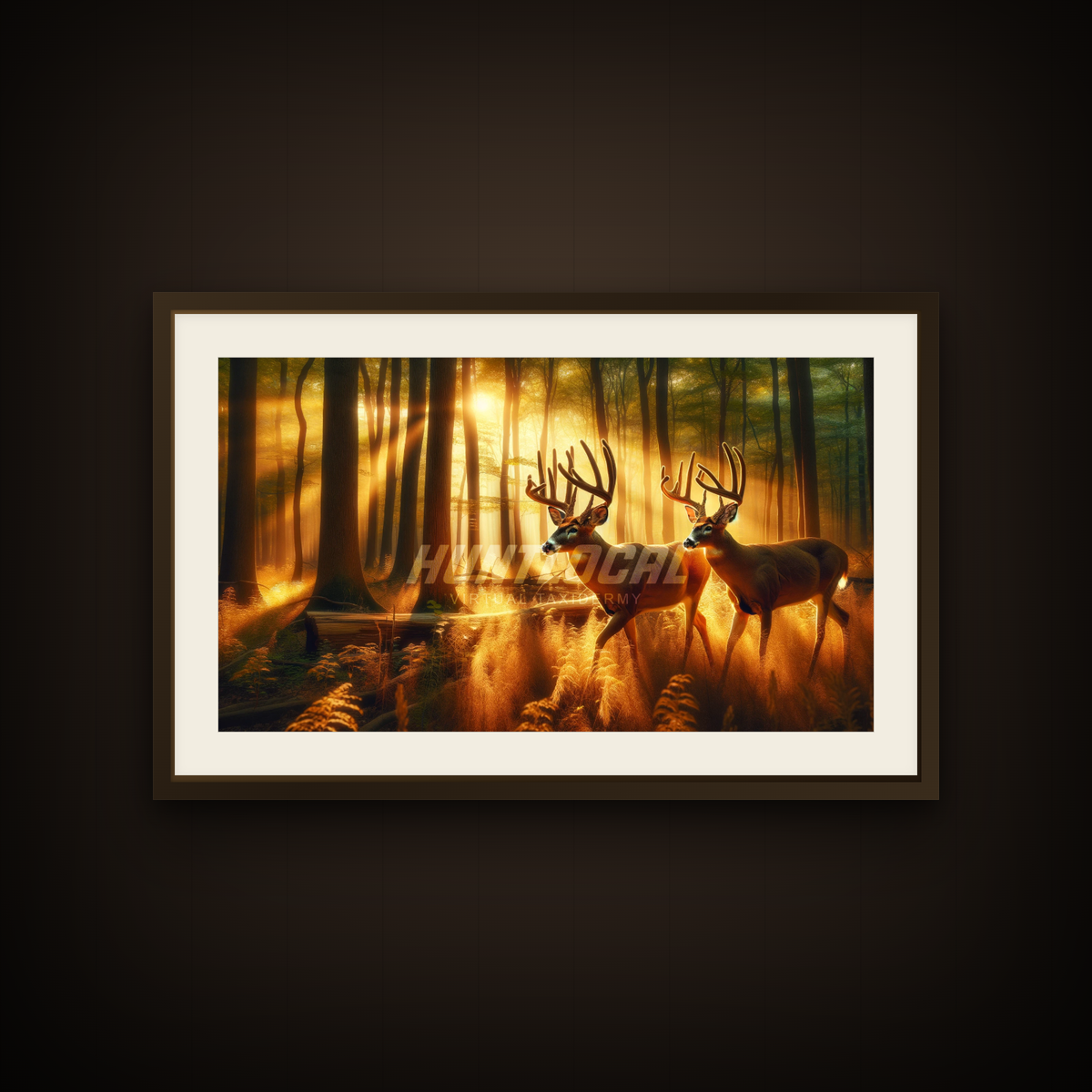 Scene 45 two whitetails custom art shown as a framed print on a wall — two bucks walking through sunlit timber