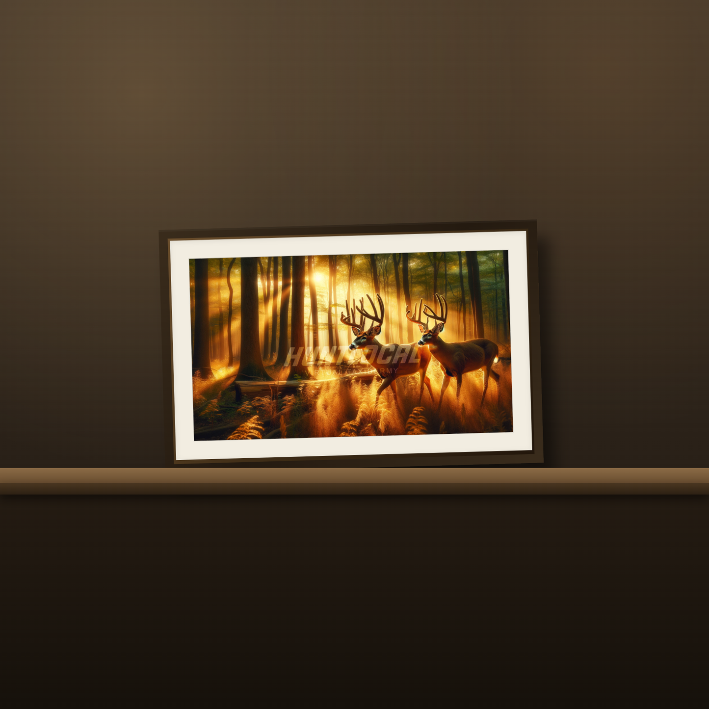 Scene 45 two whitetails custom art print resting on a wood mantel
